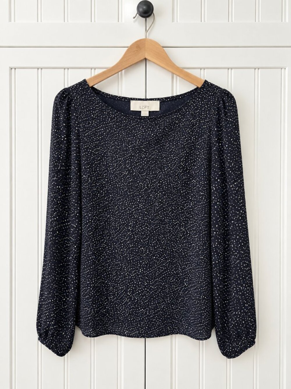LOFT Navy Polka Dot Blouse Medium Sheer Sleeve Elegant Workwear Top Chic